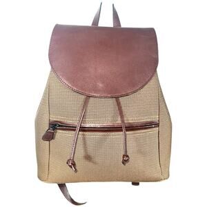 L.L. Bean Vintage Drawstring Backpack Brown Leather & Woven Canvas Retro Style